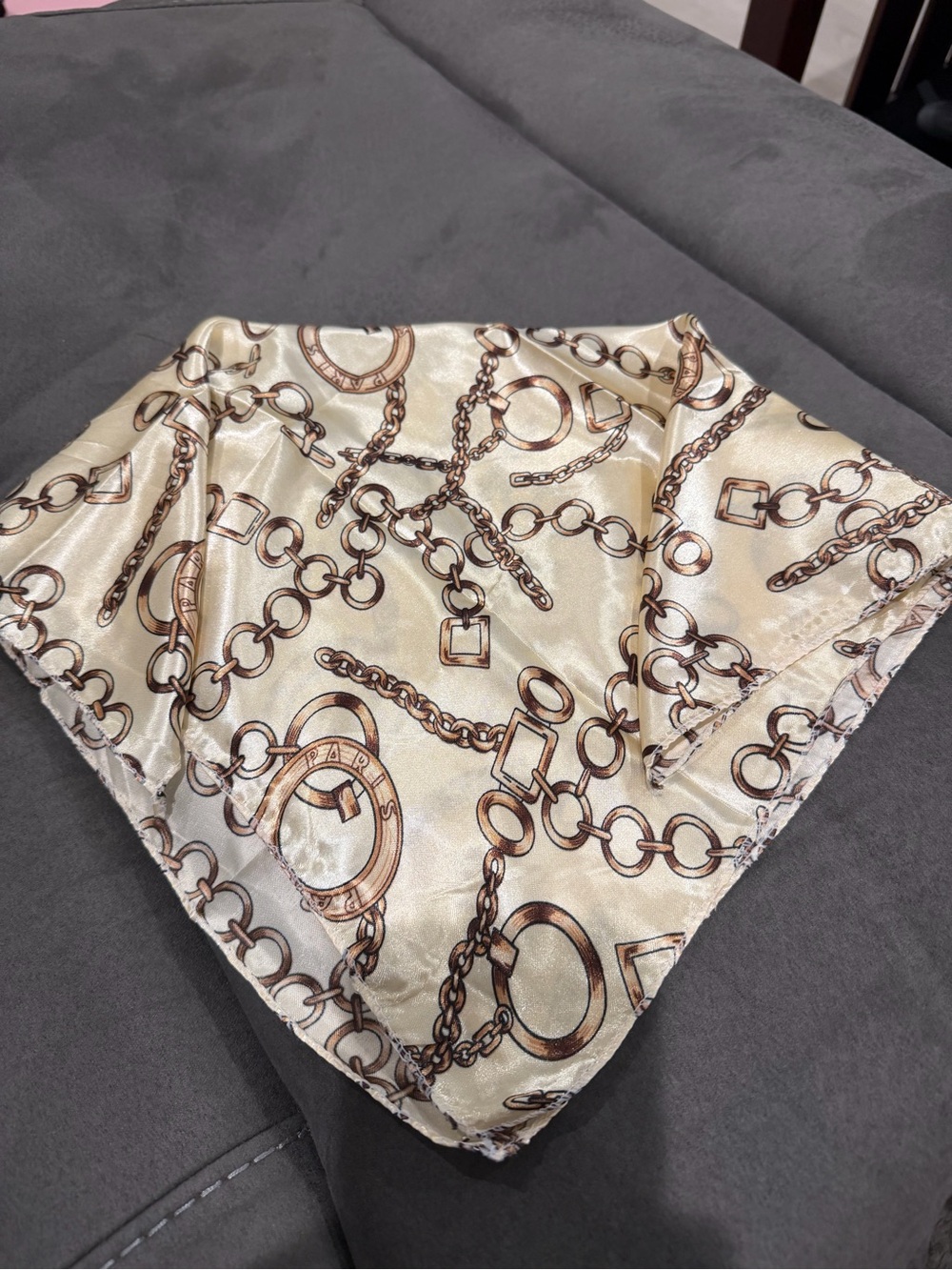 New Cream Satin Scarf with Brown Chain Print